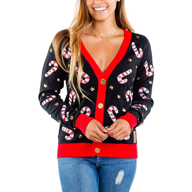 Candy Cane Buttoned Women Christmas Ugly Sweater