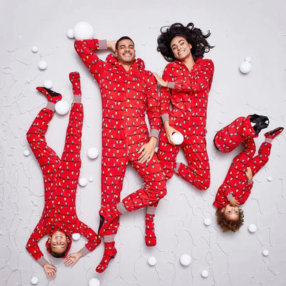 Rode gloeilampen Familie bijpassende kerst jumpsuits