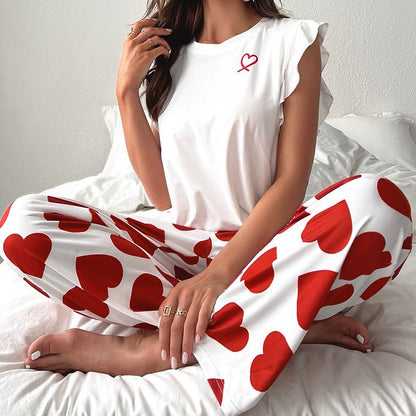 ruffles-sleeves-and-heart-print-pyjamas