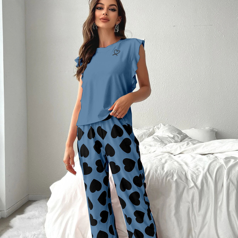 Ruffles Sleeves And Heart Print Pyjamas