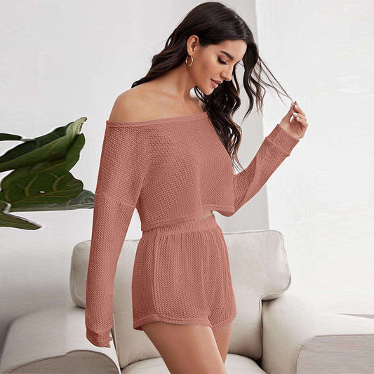 Set met wafel off shoulder shorts