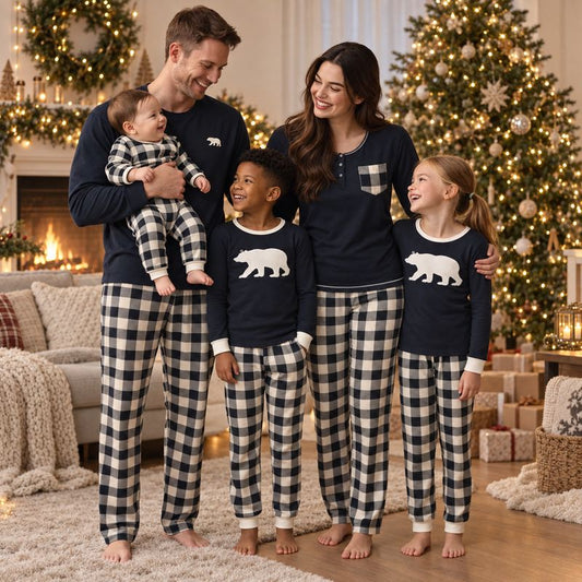 Black & Cream Plaid Bear matching family Christmas pyjamas – Jingle Wear photo 1